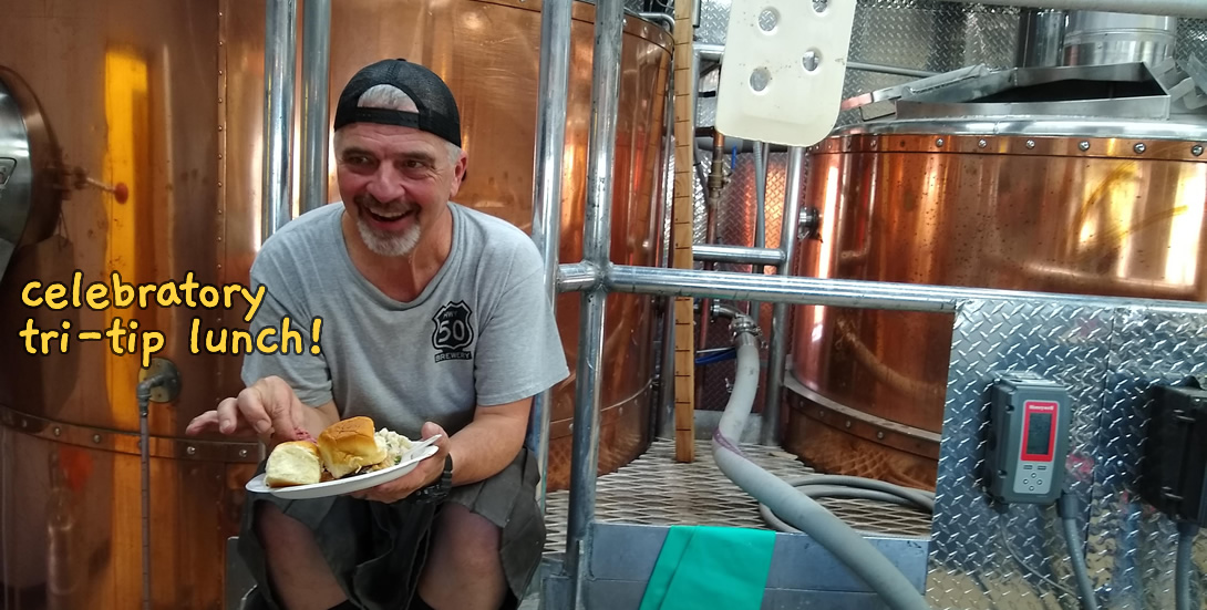 Hwy 50 Brewery's Brewer, Gary Ritz, eats a celebratory lunch on the first day of brewing.