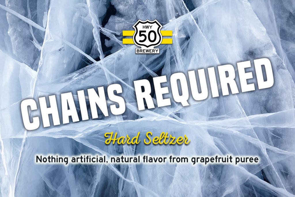 Chains Required, hard seltzer name over frozen ice background