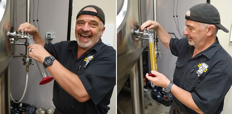 Two views of brewer, Gary Ritz extracting a sample of beer into a thin glass beaker