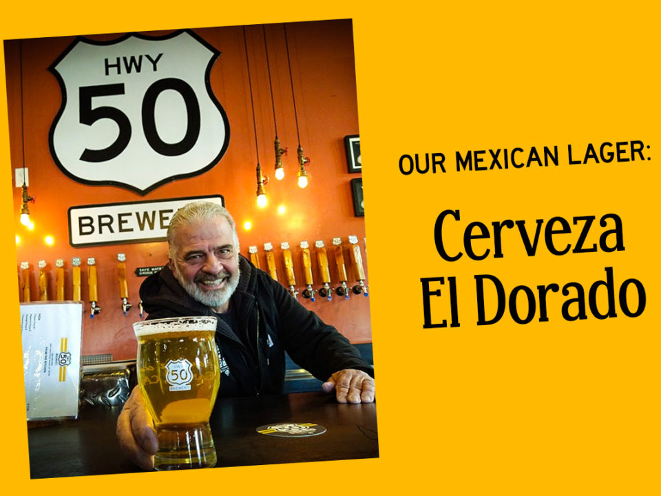 Gary Ritz behind brewery bar with pint of new beer, Cerveza El Dorado.